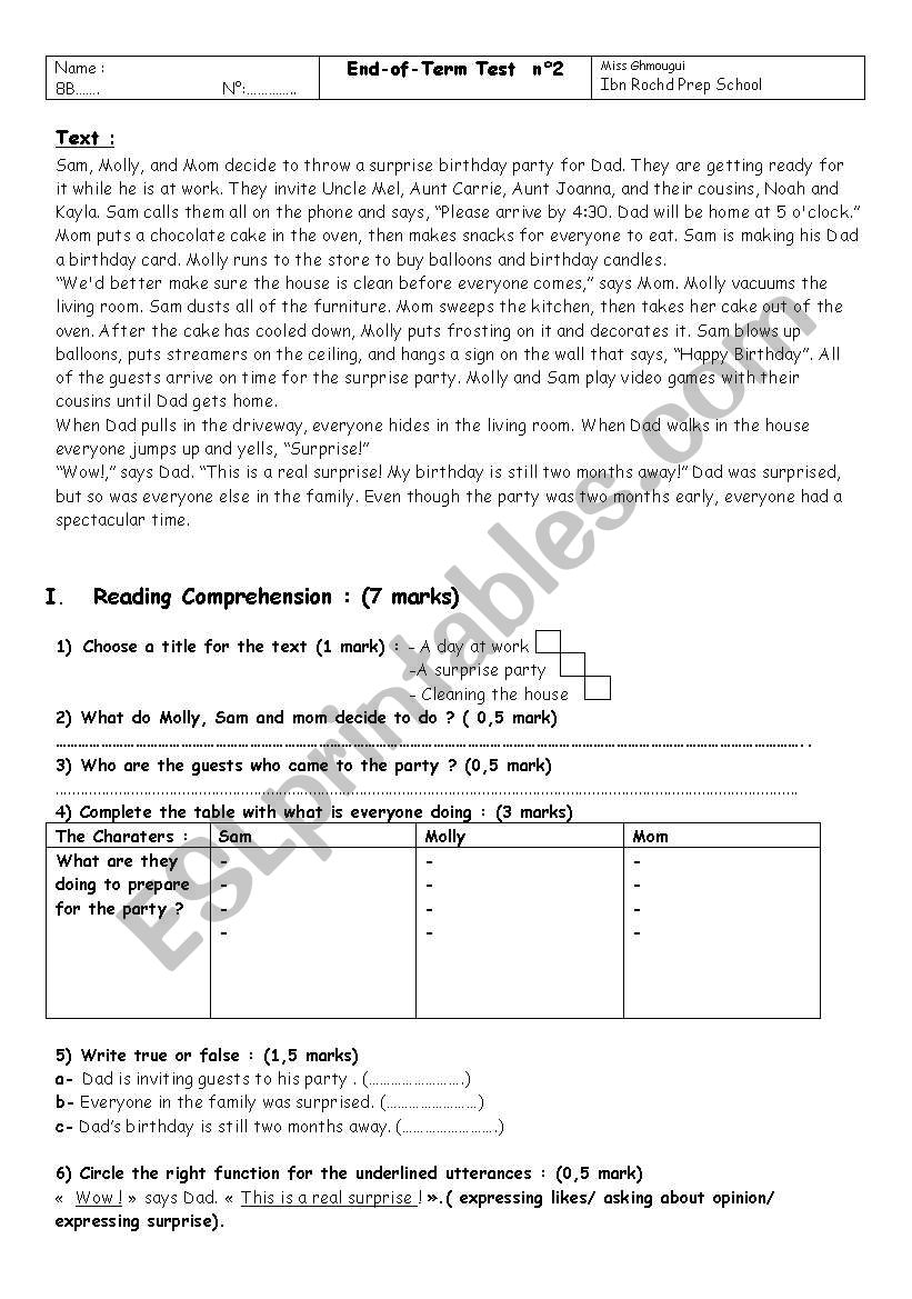 End Of Term Test N°2 For 8th Formers - Esl Worksheet By Brionytallis