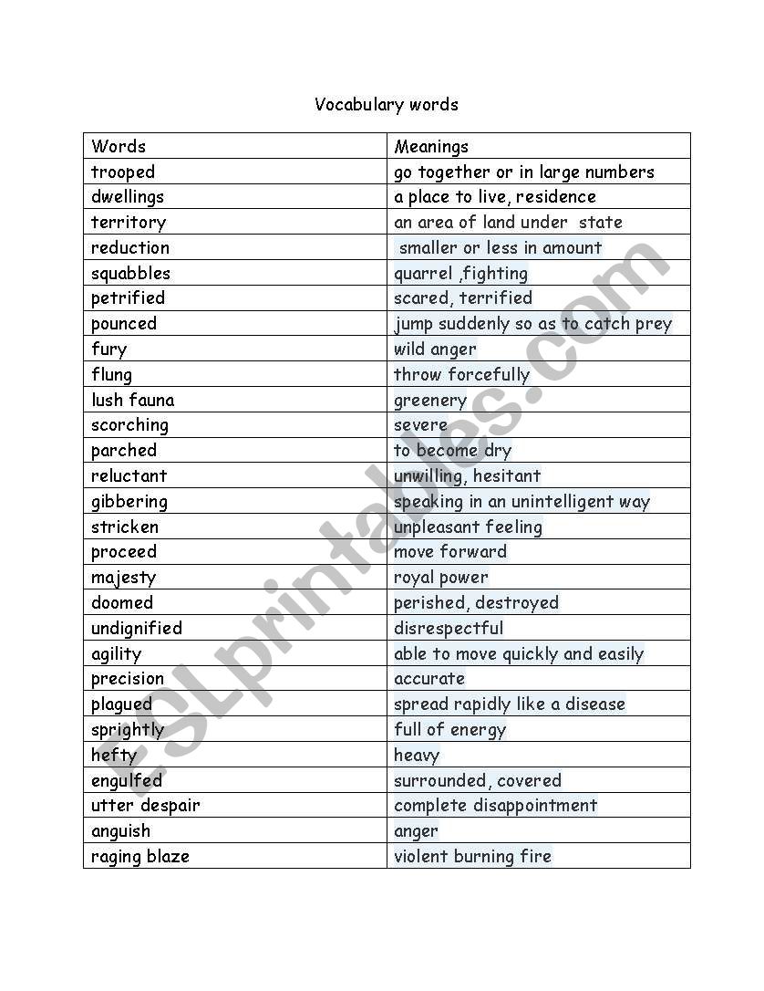 english worksheets vocabulary words