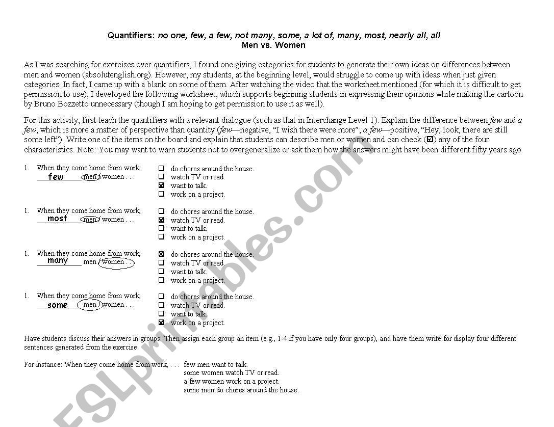 Quantifiers: Men vs. Women worksheet