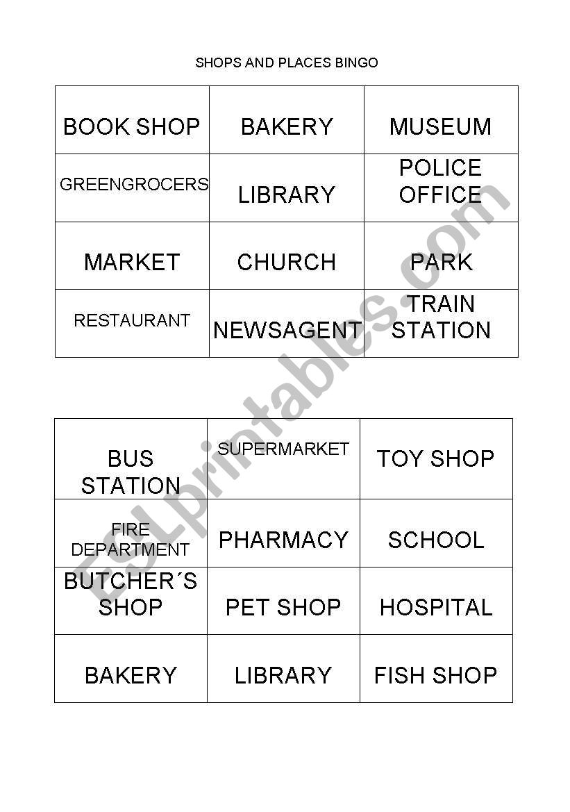 shops and places bingo worksheet