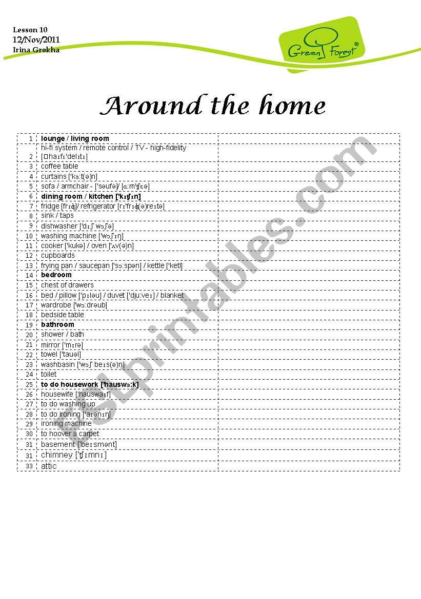 Arount the home worksheet