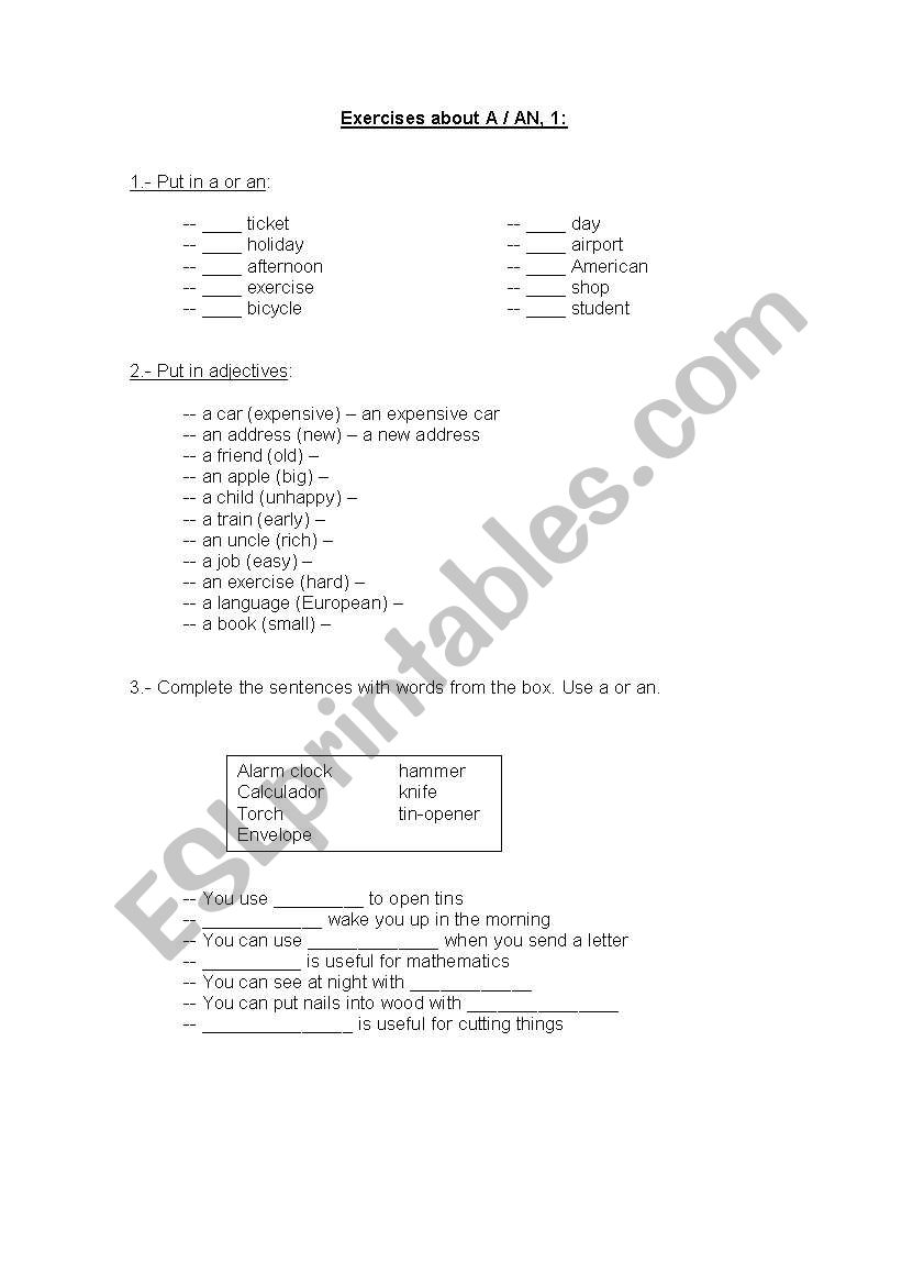 A/ An activities worksheet