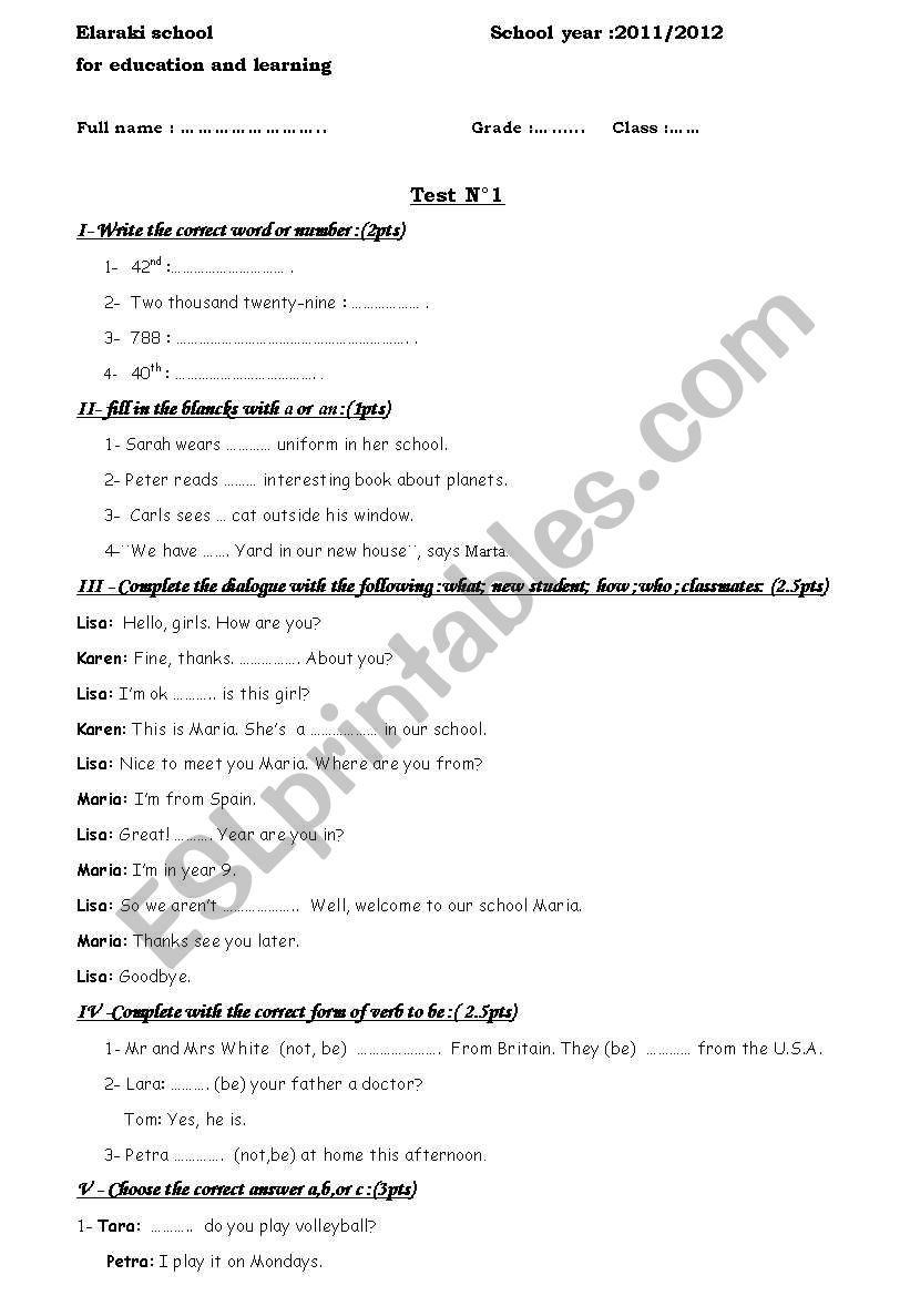 test for beginners worksheet