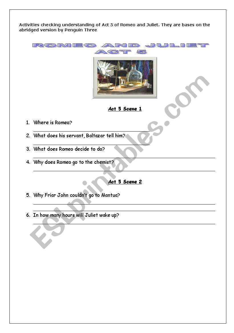 Romeo and Juliet Act 5 worksheet