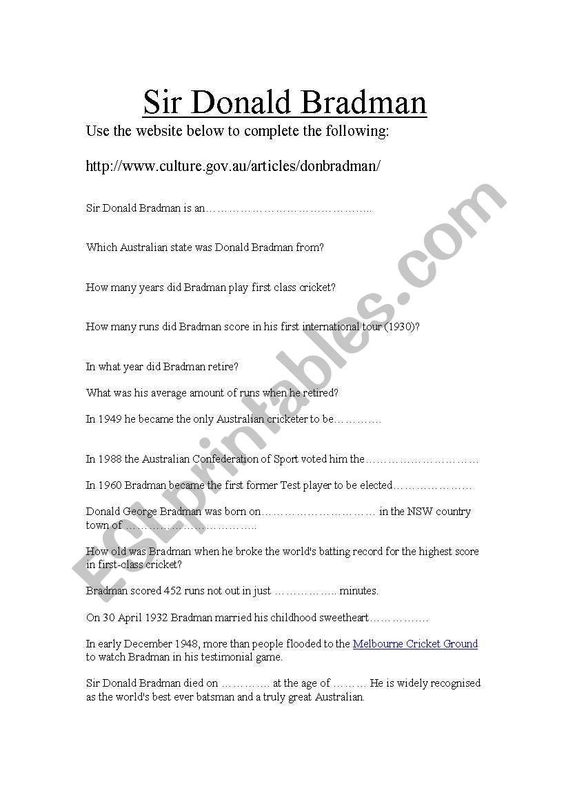 Sir Don Bradman worksheet