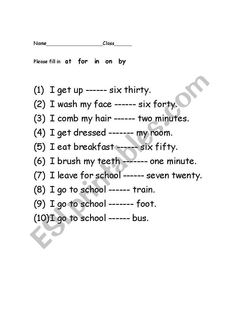 prepositions  worksheet