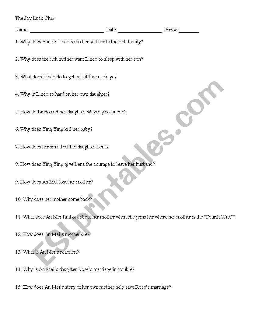 Joy Luck Club worksheet worksheet