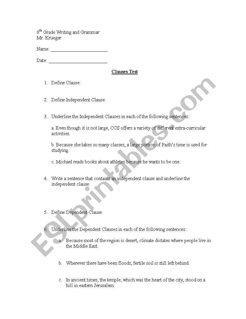 Clause Test worksheet