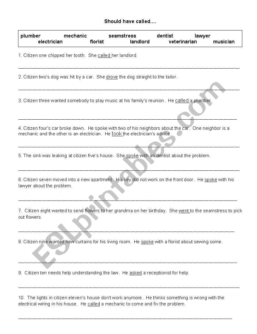 Community Workers/Past Perfect Worksheet