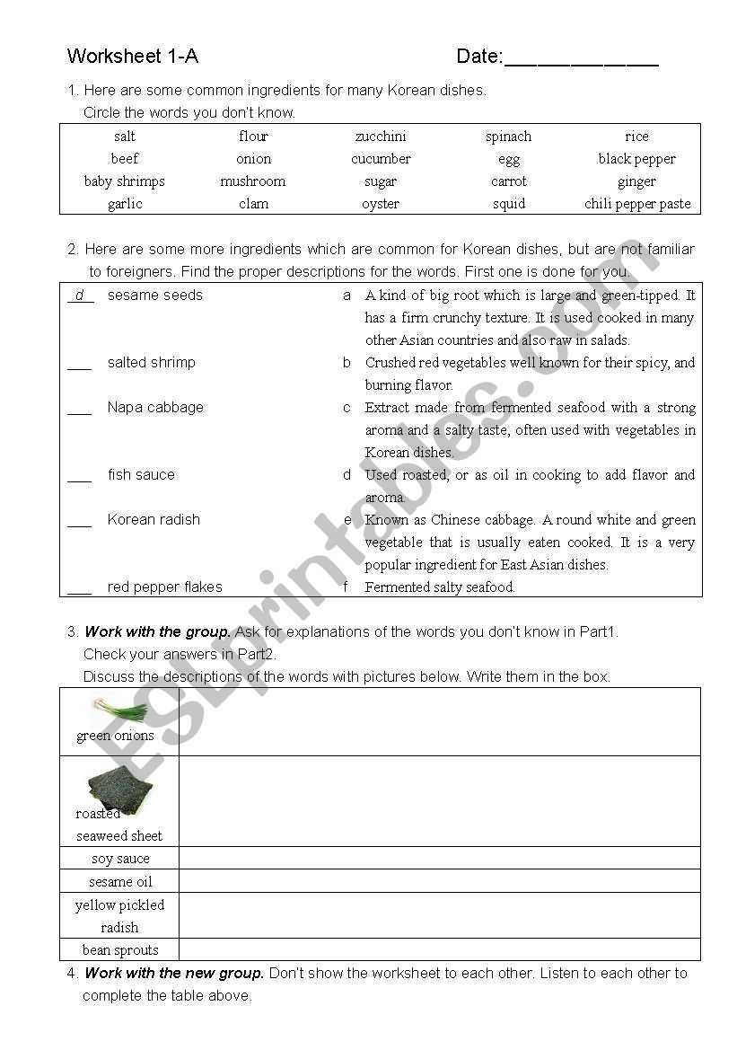 cooking worksheet