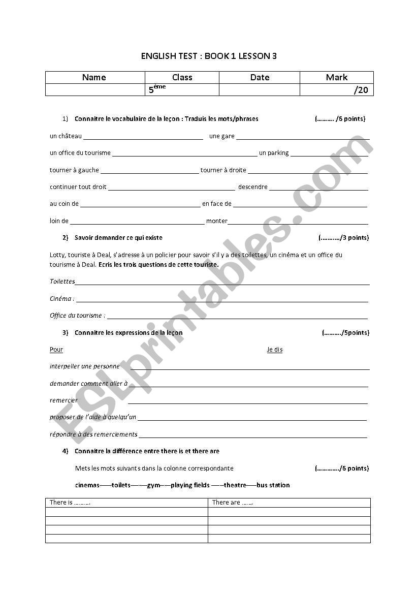 Test on giving directions  worksheet