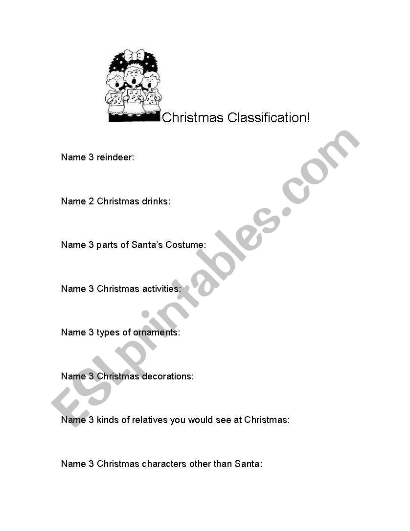 Christmas Classification worksheet