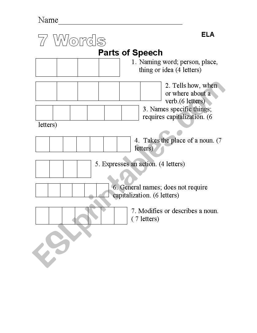 Seven Words: Parts of Speech worksheet