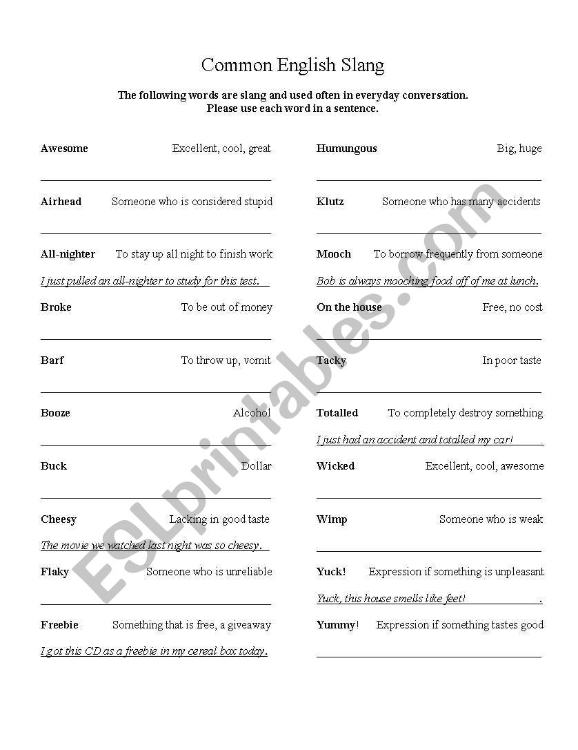 Common English Slang worksheet