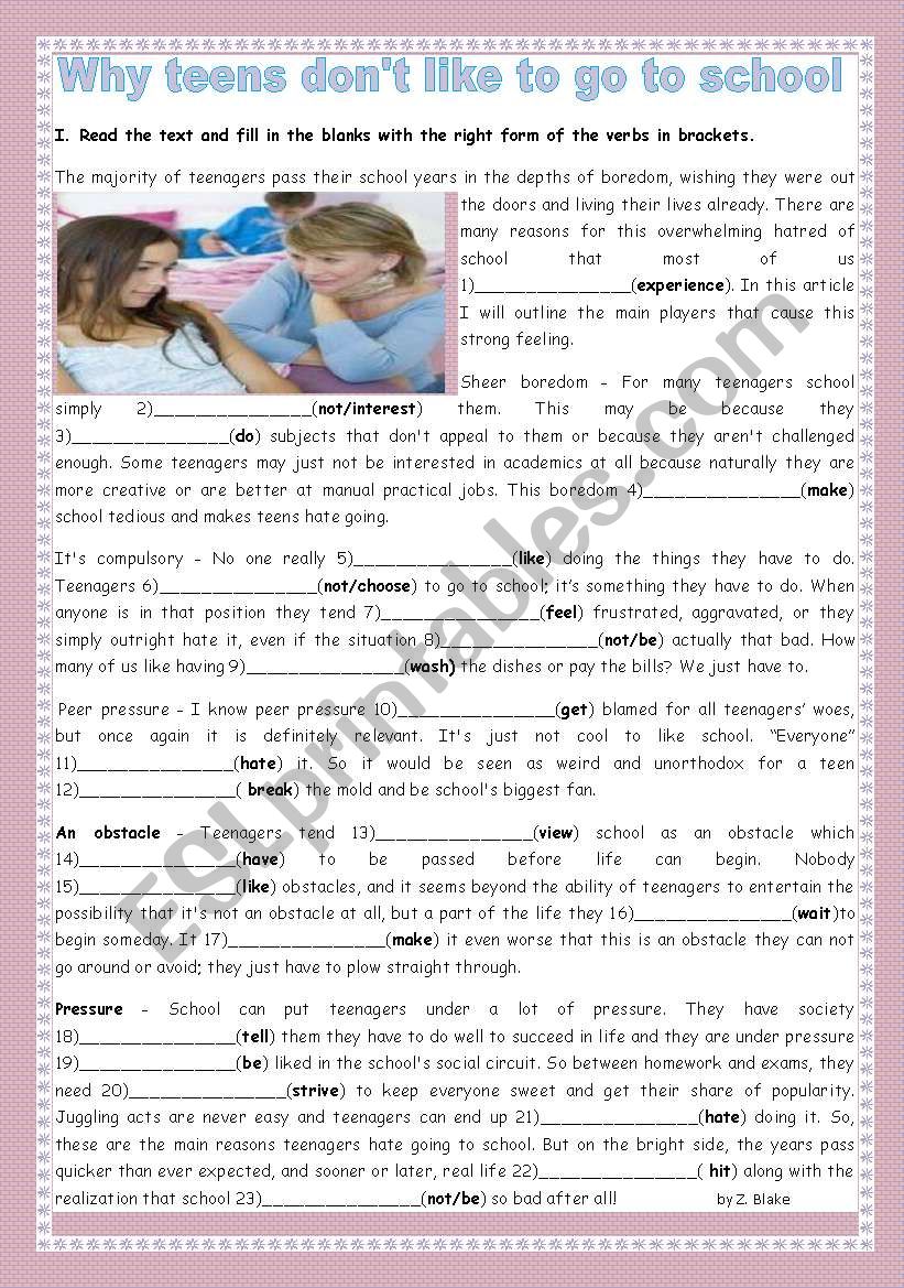 WHY TEENS DON´T LIKE TO GO TO SCHOOL- 1ST PART - ESL worksheet by teresapr