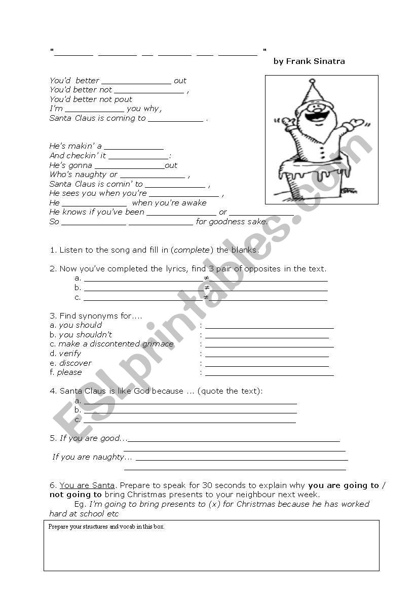 Santa Claus is Comin to Town worksheet