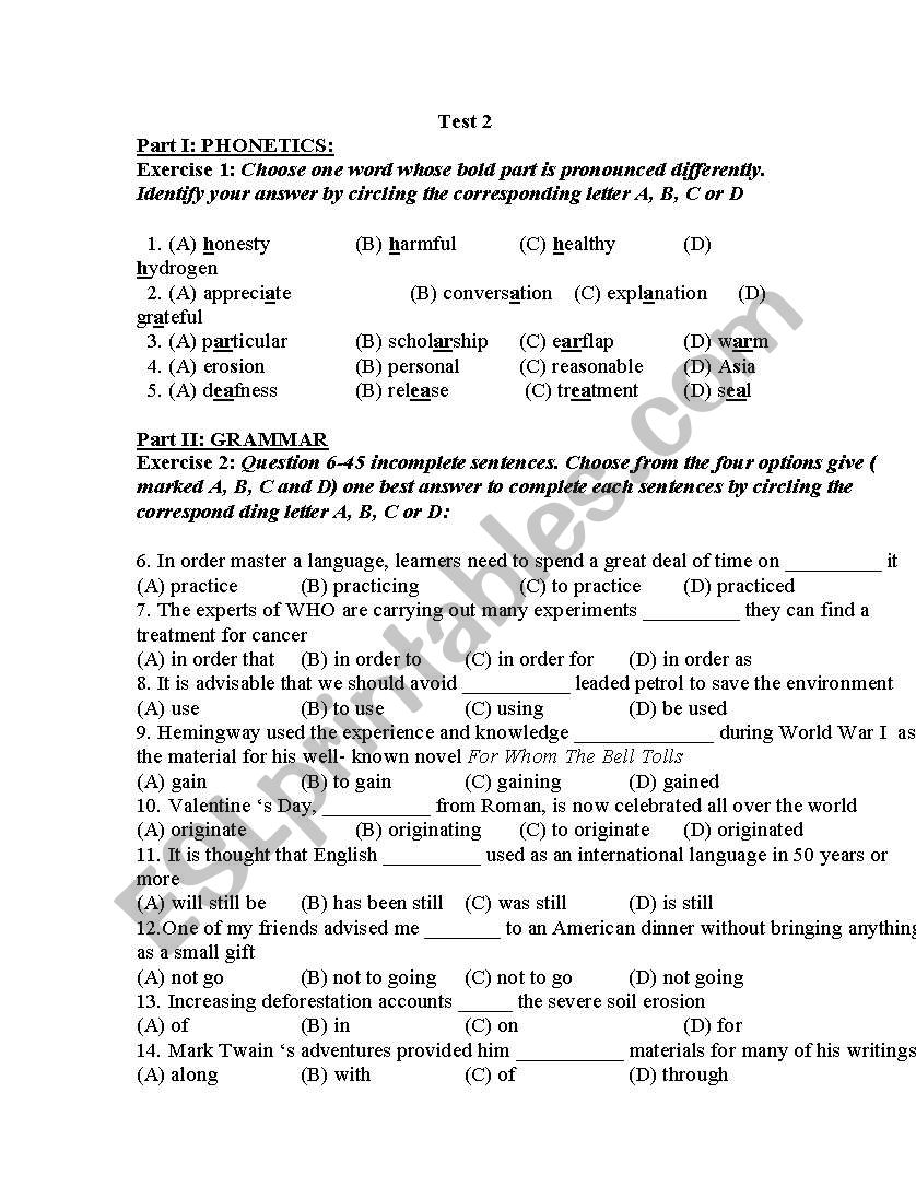 Exercises for exams worksheet