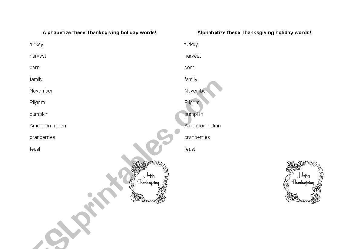 Thanksgiving Alphabetization Worksheet