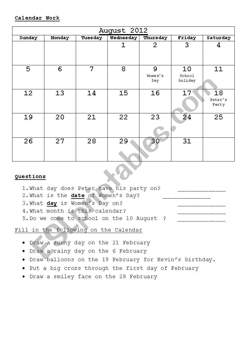 Calendar Work worksheet