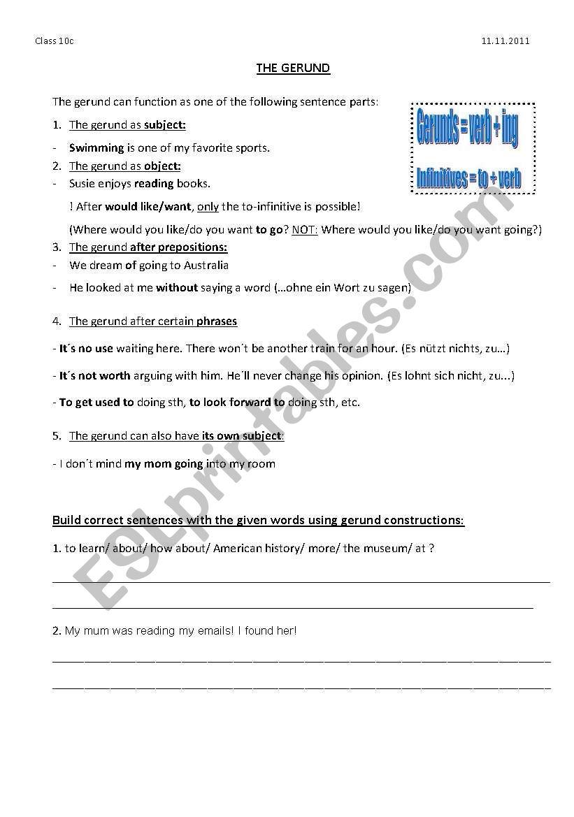 Gerund worksheet worksheet