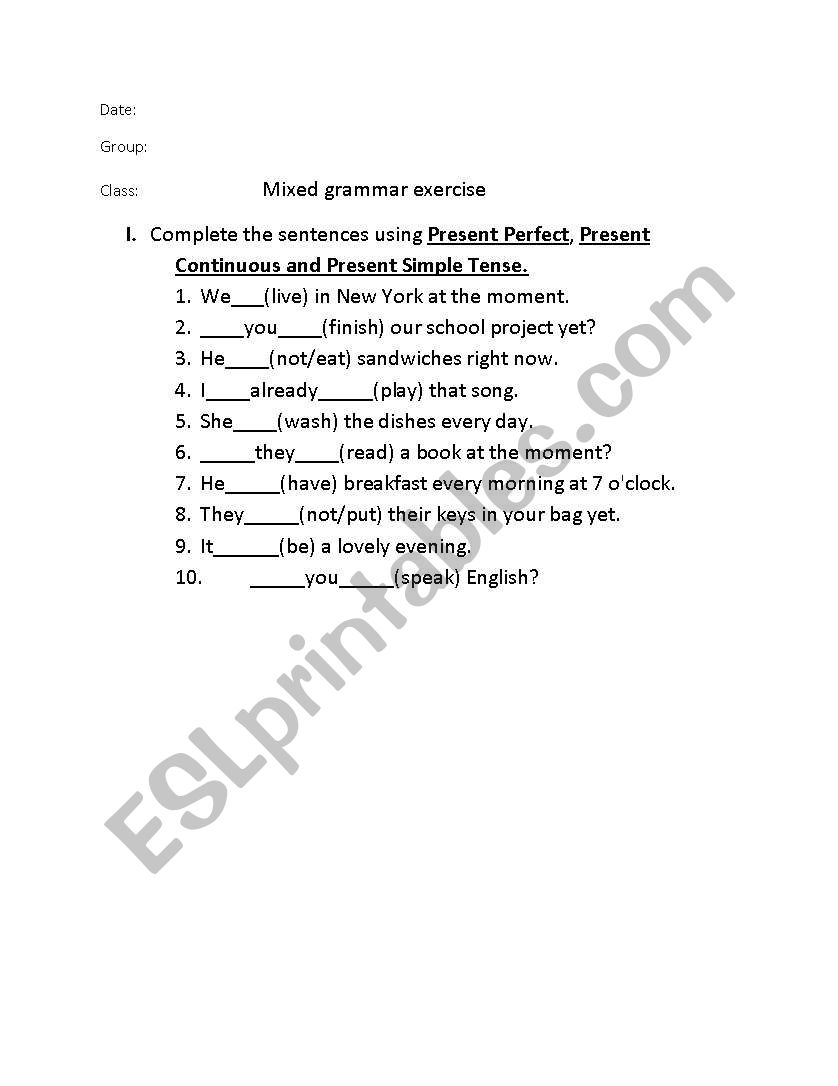 mixed grammar exercise worksheet