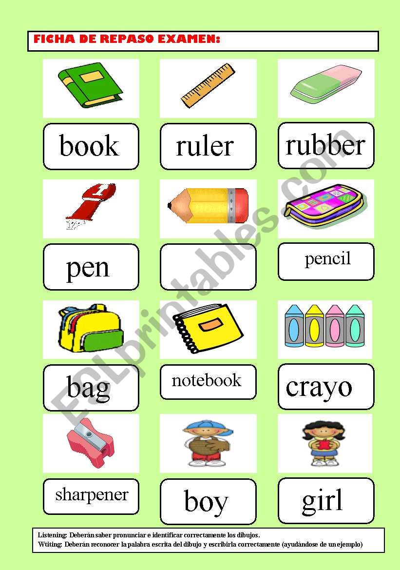 Learning how to write. School objects part 1.