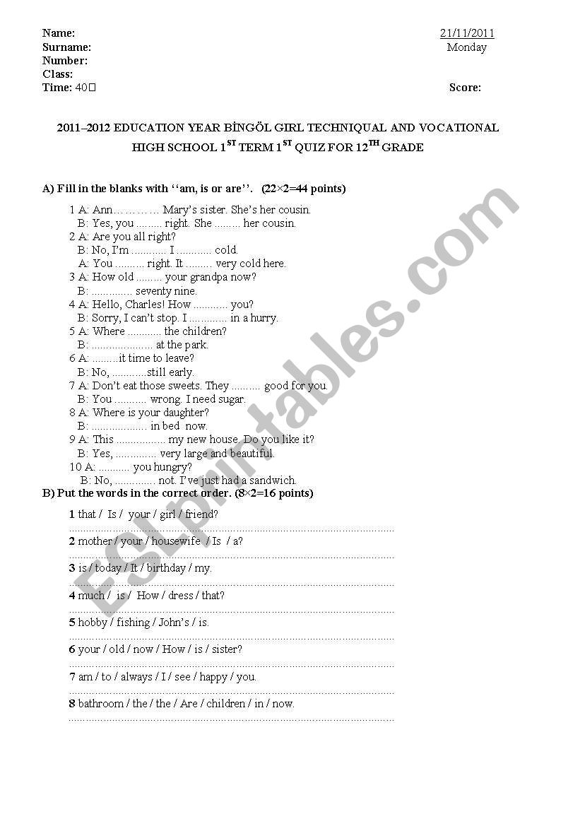 12. sınıflar quiz worksheet