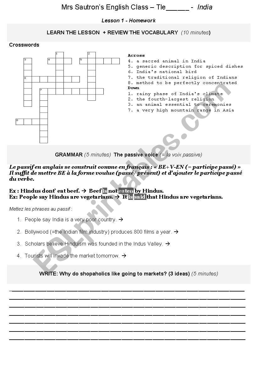 INDIA LESSON 1 HOMEWORK WORKSHEET