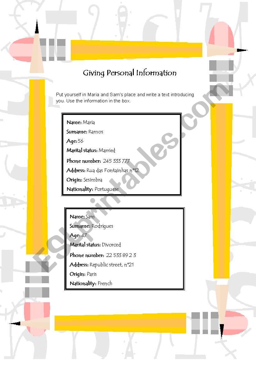 personal information worksheet