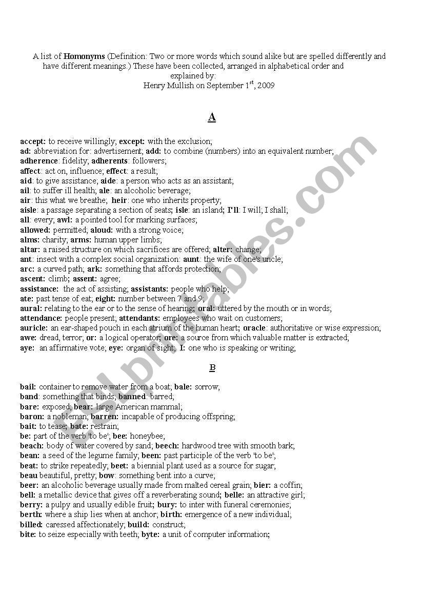 homonimes worksheet