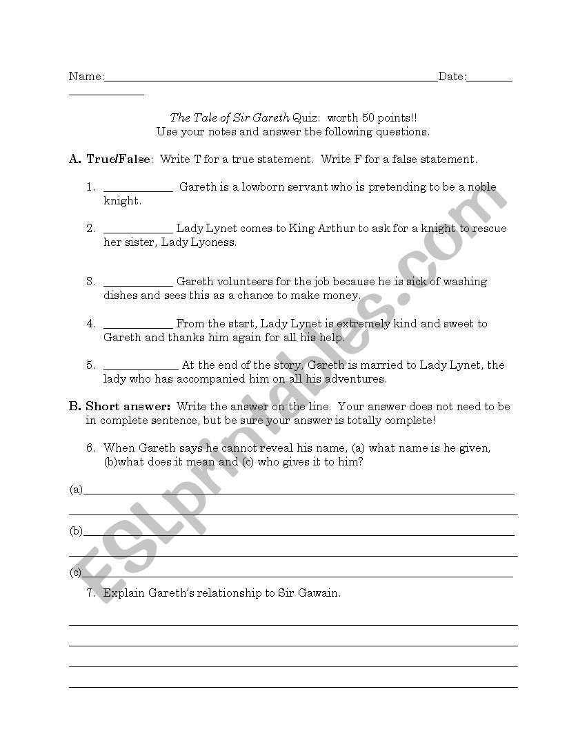 Sir Gareth quiz worksheet