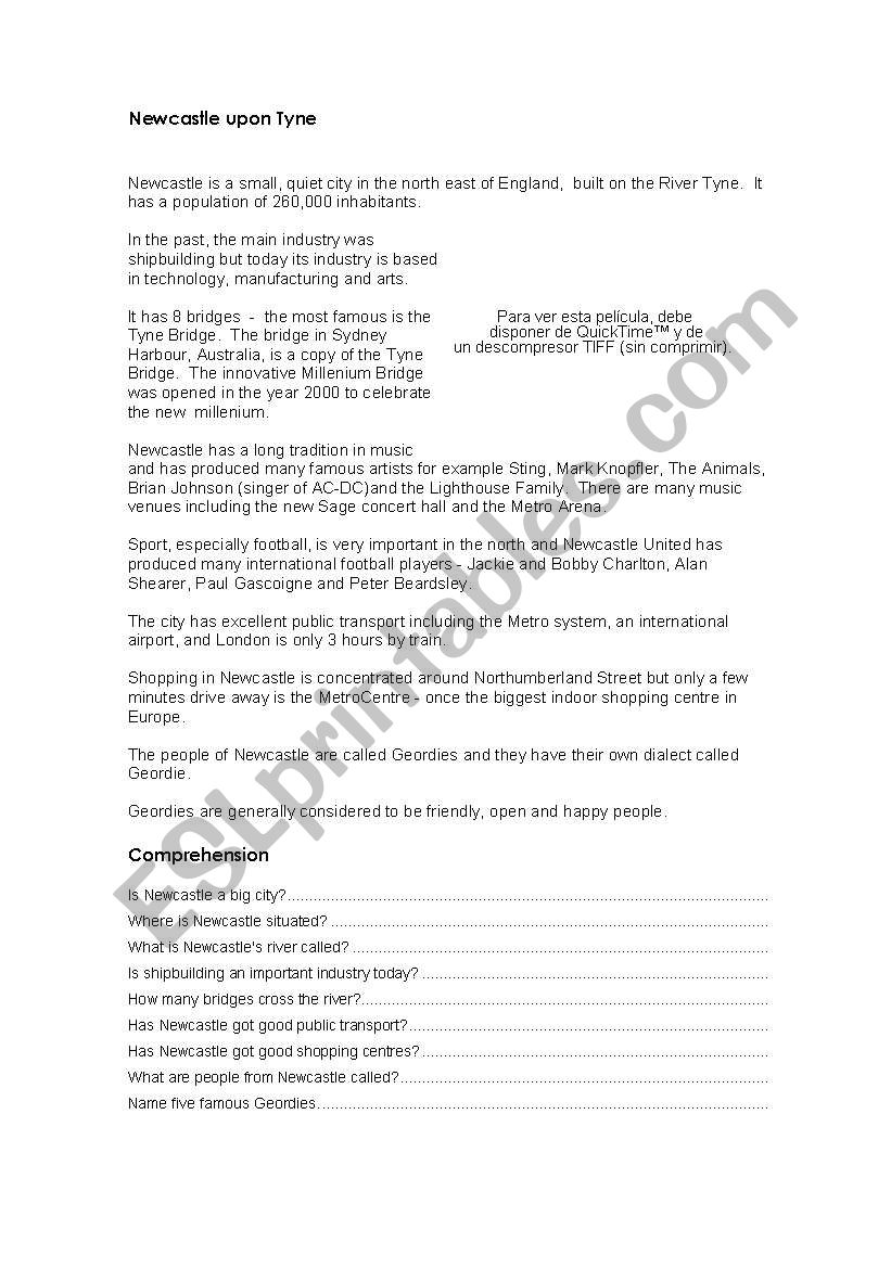 Reading- Newcastle upon Tyne worksheet