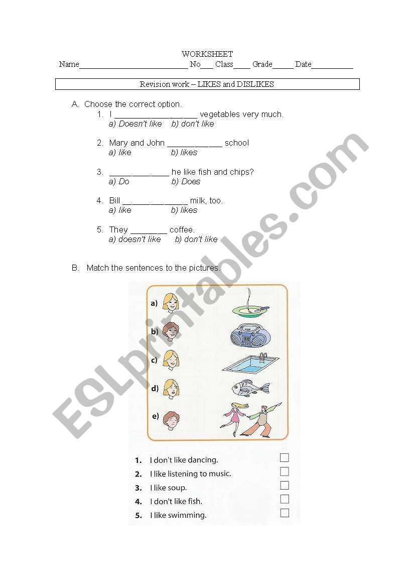 Likes and dislikes worksheet