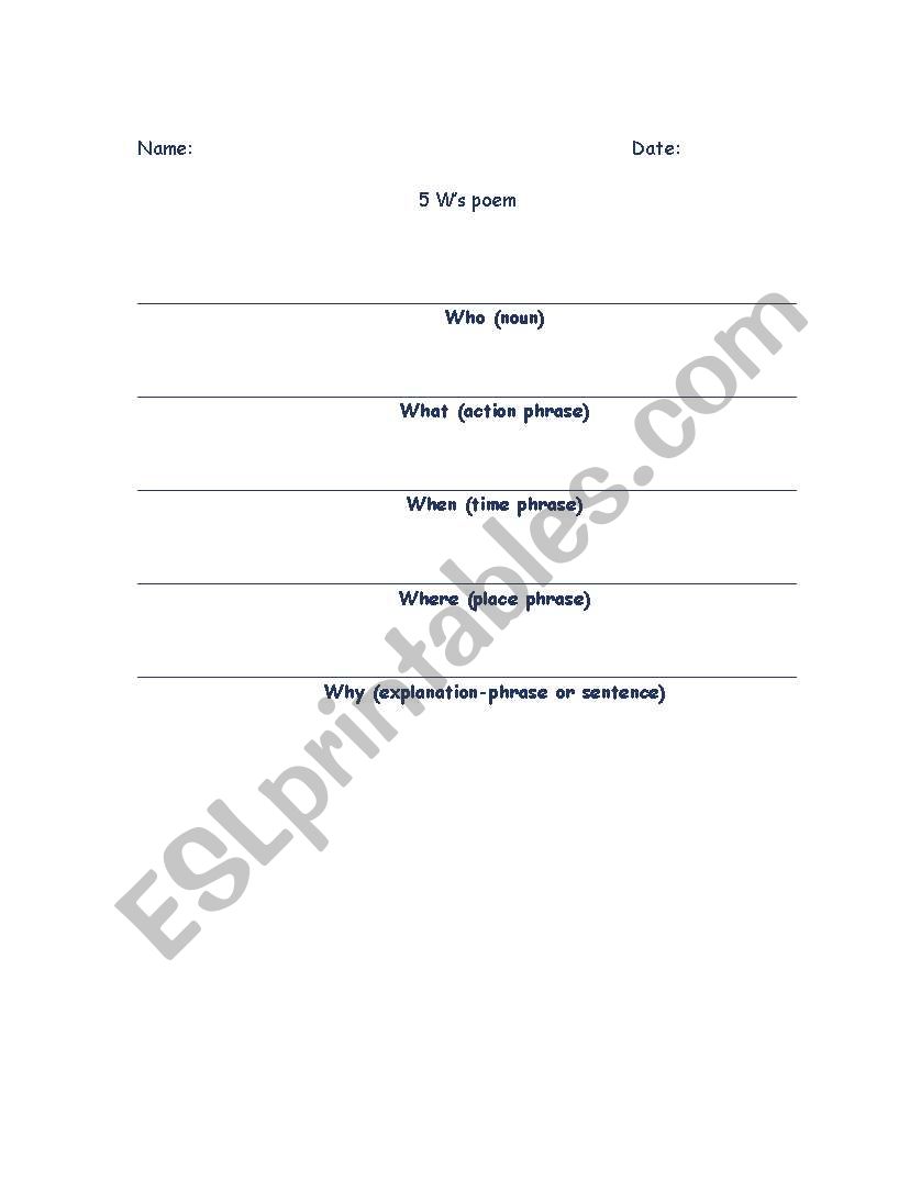 5 Ws Poem worksheet