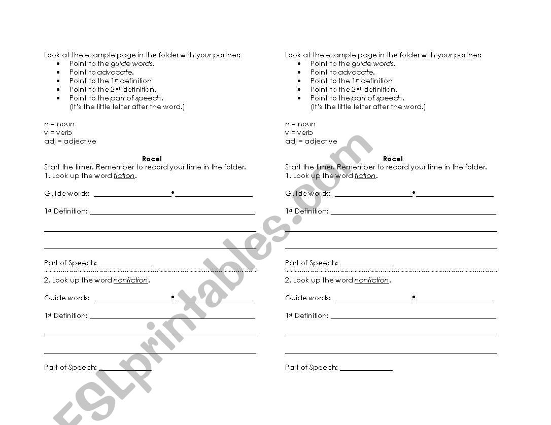 Dictionary Race Template worksheet