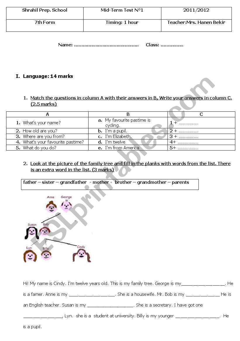 Mid Term Test 1  worksheet