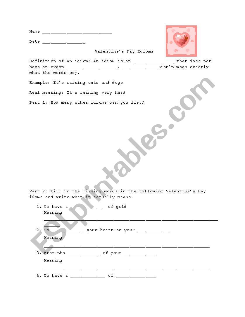 Valentines Day Idioms worksheet