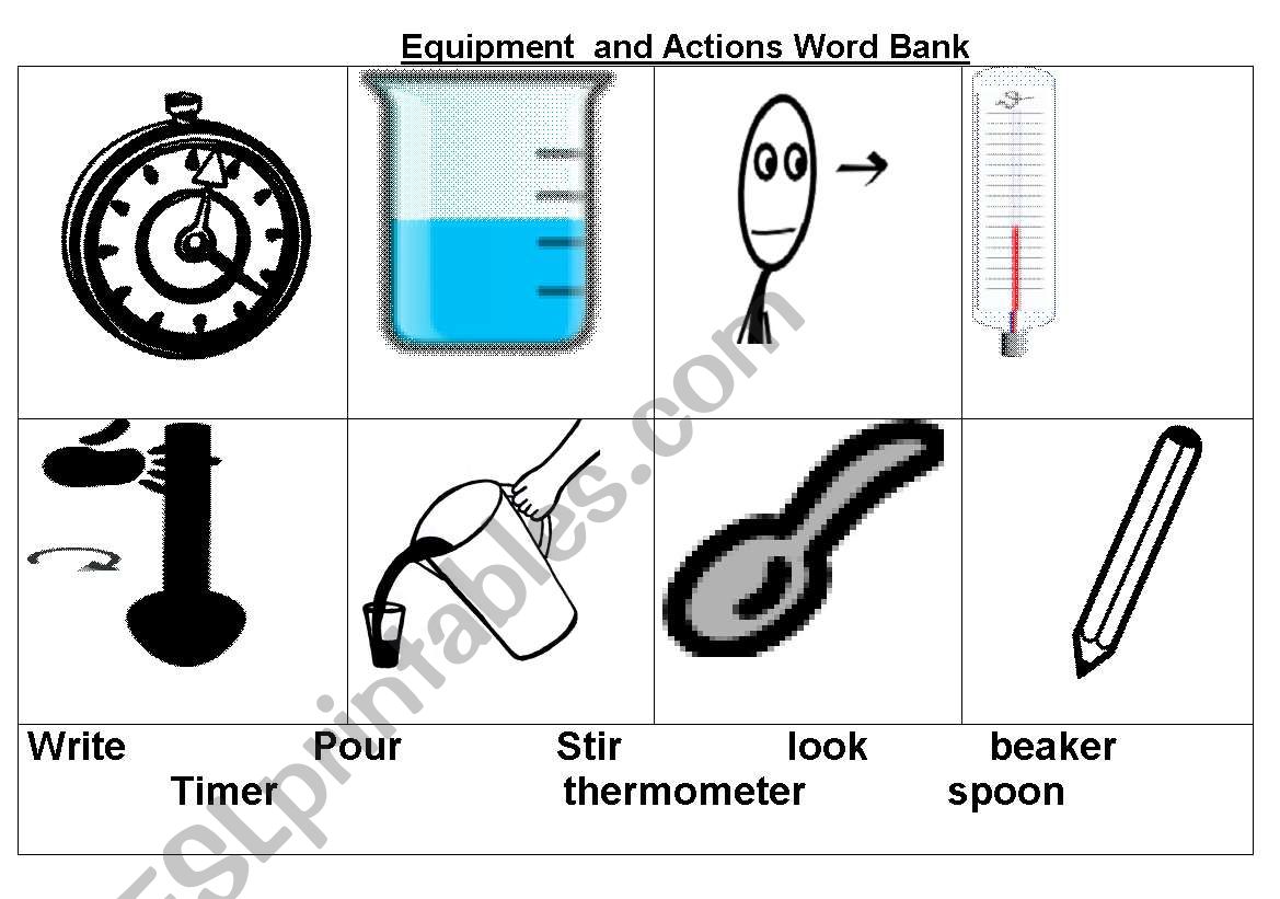 Science Equipment and actions worksheet