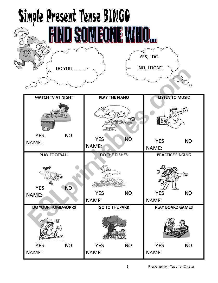 Simple Present Tense Bingo worksheet