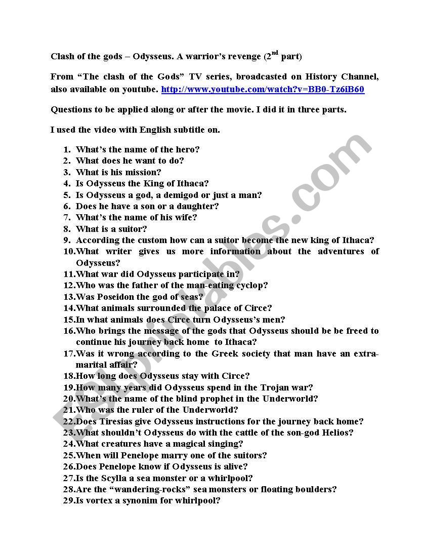 English Worksheets Clash Of The Gods Odysseus