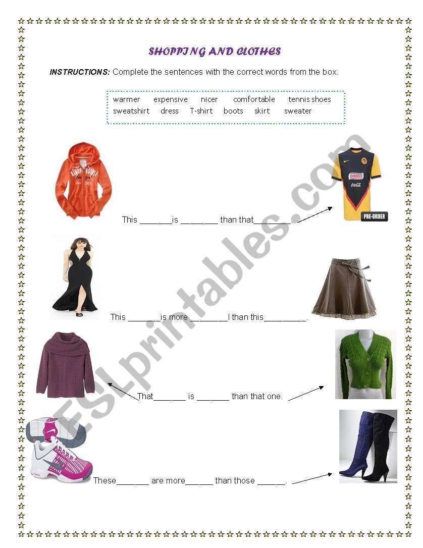 English worksheets: Shopping and Clothes (Comparatives)