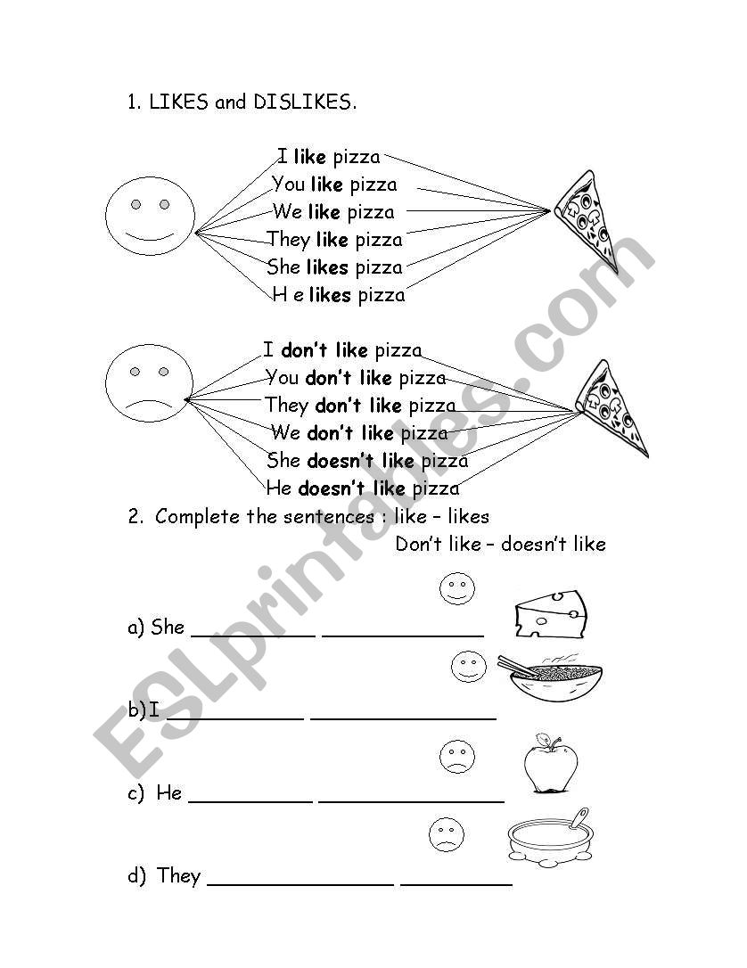 Likes and dislike  worksheet