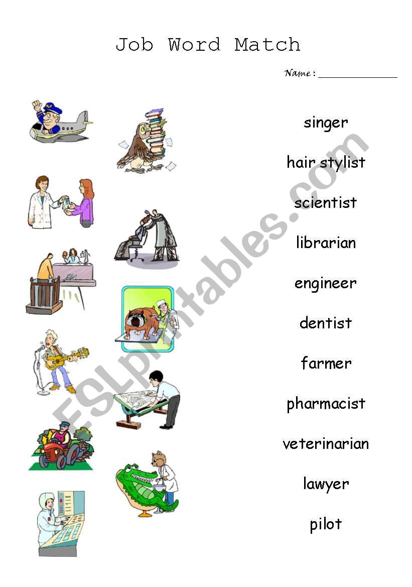 Job word match and puzzles worksheet