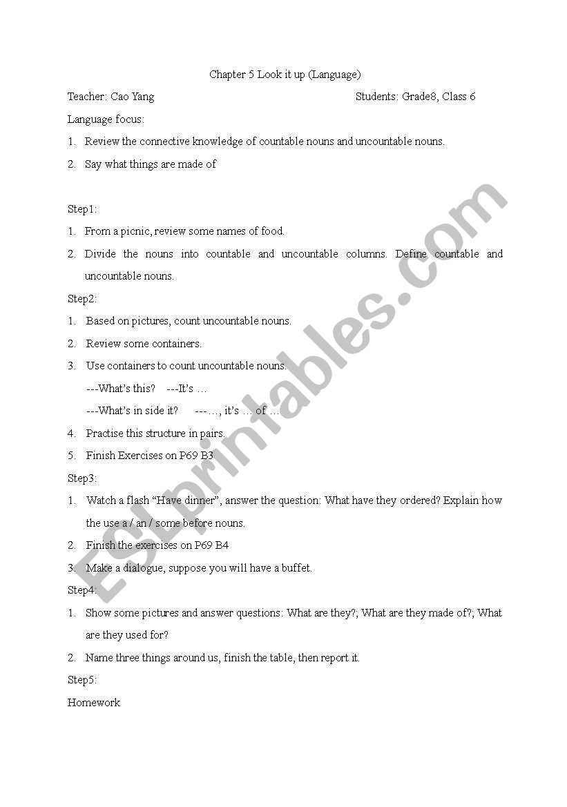 About uncountable nouns worksheet