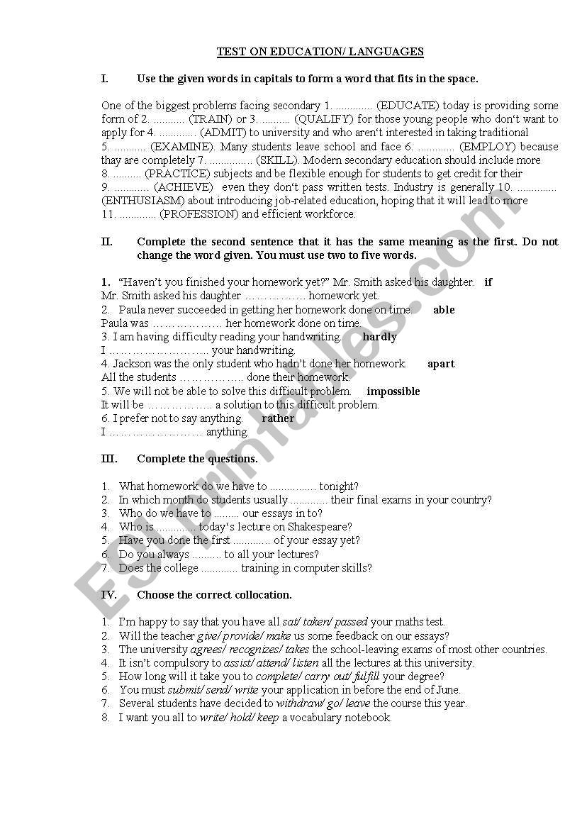 Test on Education/Languages worksheet