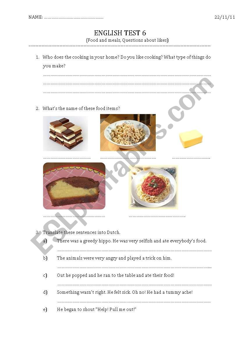 Test food and meals worksheet