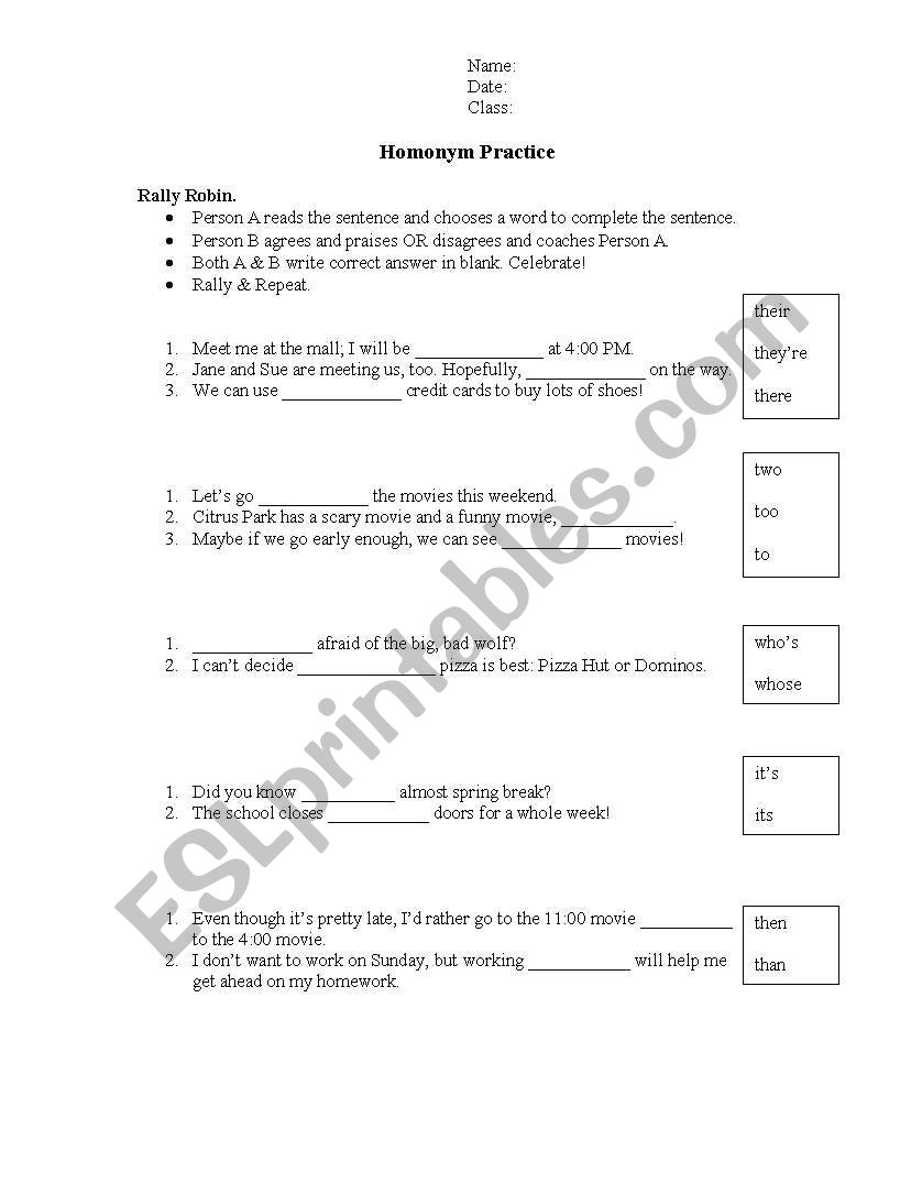 Simple Homonyms Practice worksheet