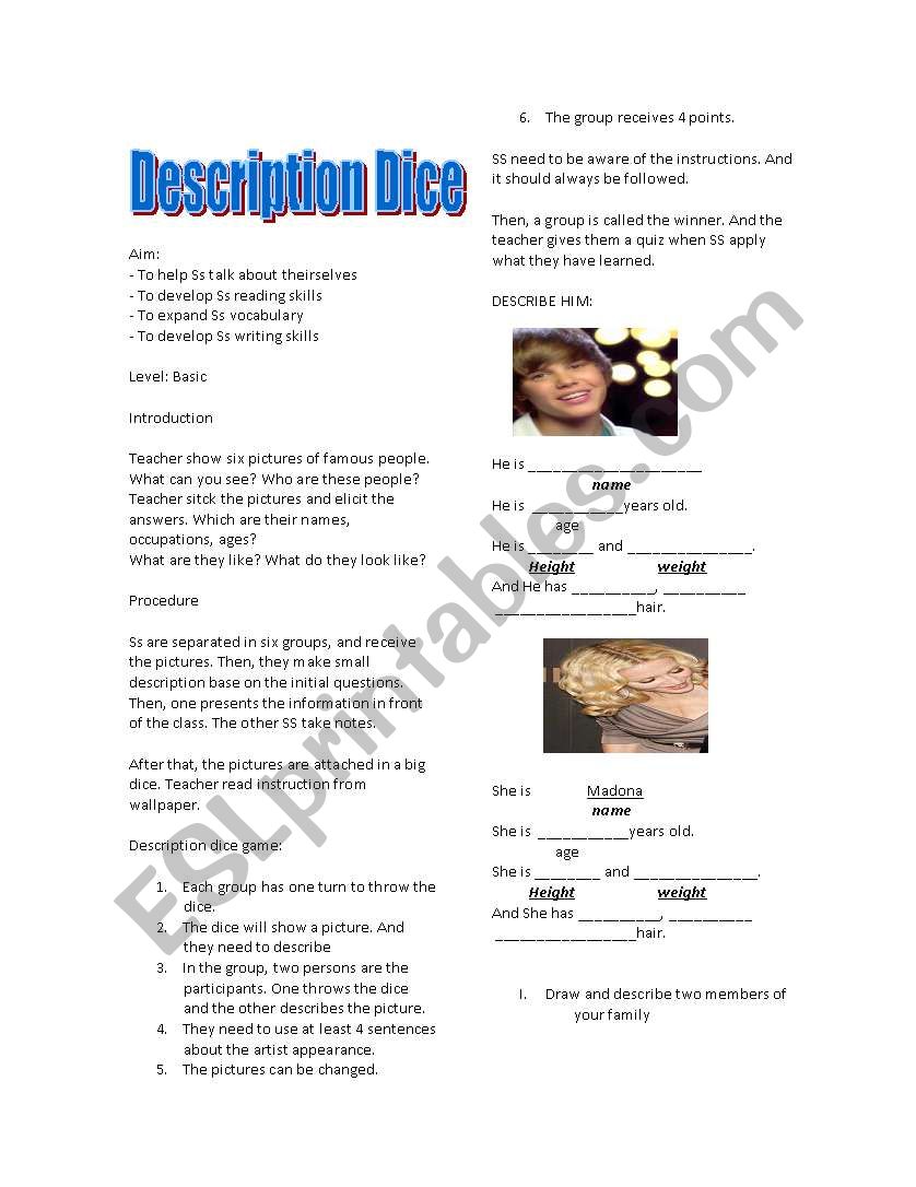 DESCRIPTION DICE worksheet