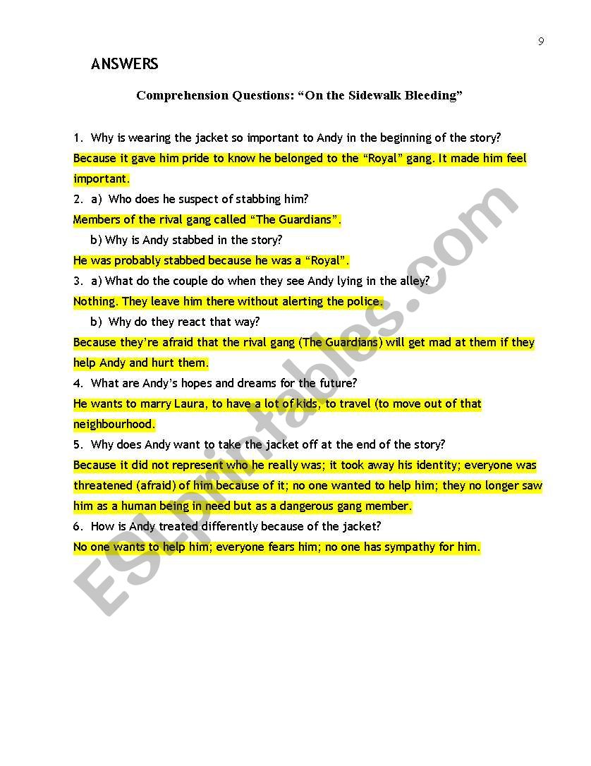 Reading Comprehension On The Sidewalk Bleeding Gangs Violence Regret Esl Worksheet By Suzanne22