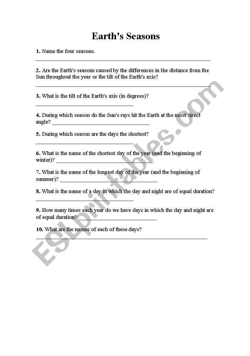 Earths Seasons worksheet